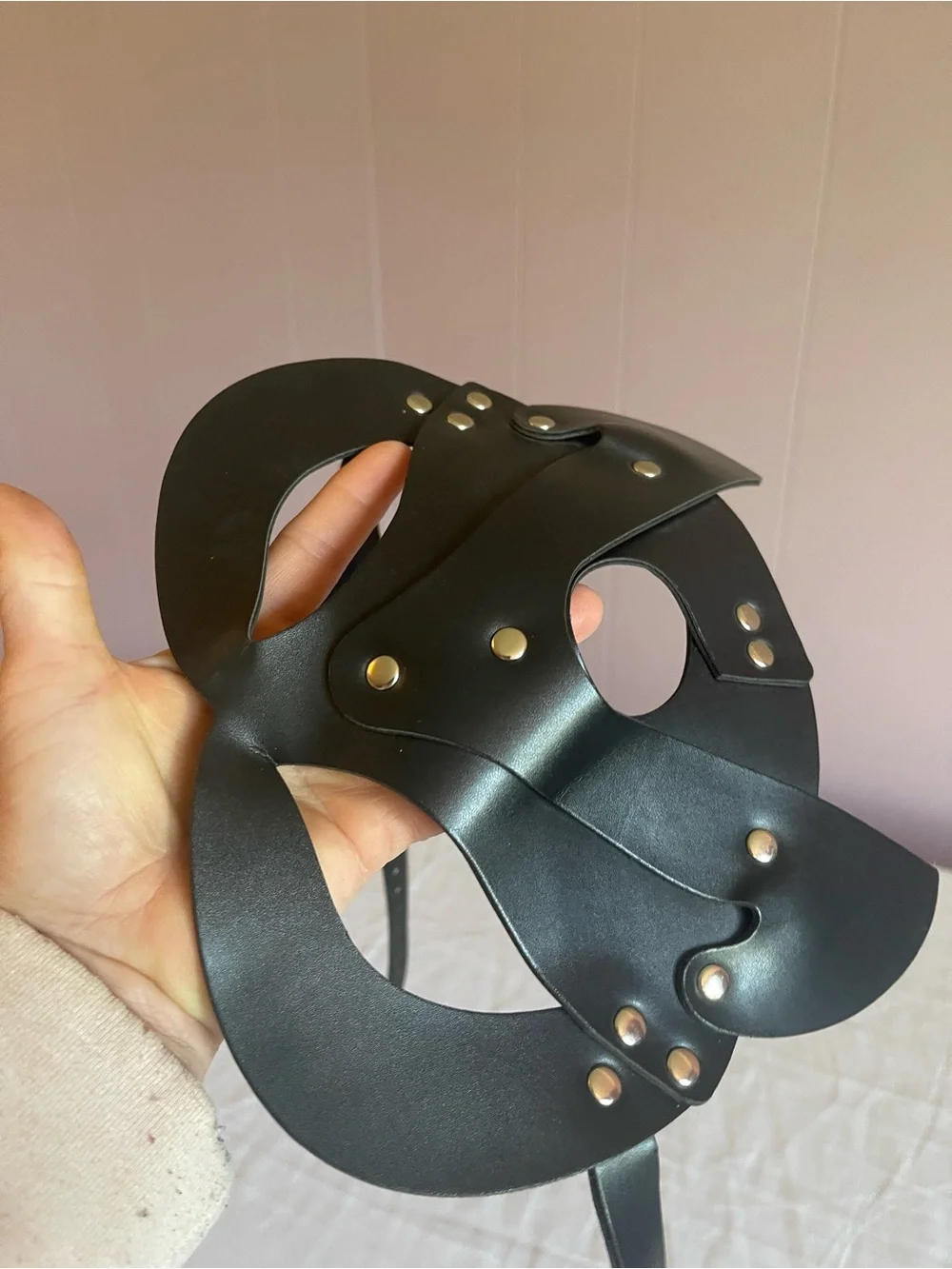 Black Faux Leather Cat-Eye Mask with Gold Stud Accents